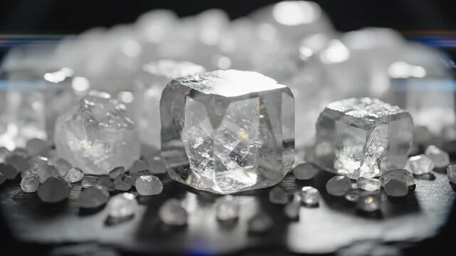 Macro shot of raw uncut diamonds with bright anamorphic light flares on dark surface