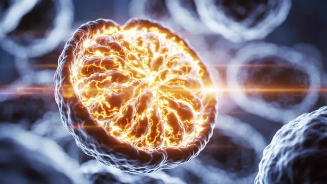 Microscopic close-up of dividing cell structure with glowing golden electric electrical energy pulses