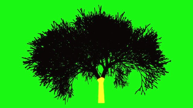 Luminous energy flows up a black tree structure on a bright green screen background in a dynamic 3D animation visual for chroma key compositing