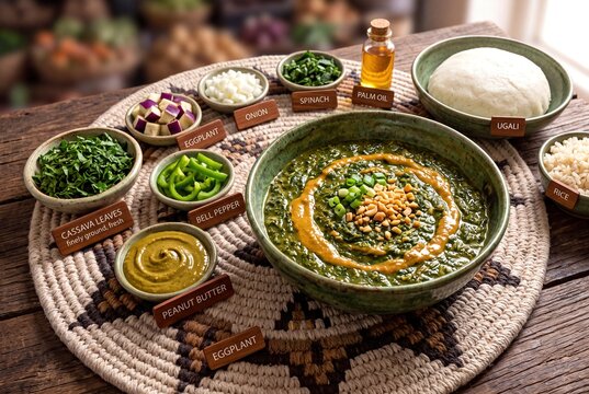 Traditional Rwandan Isombe Stewed with Thick Green Peanut Butter Served with Fresh Ingredients and Ugali