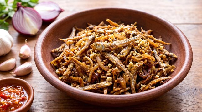 A traditional bowl of crispy fried Kenyan omena fish served with onions and garlic.
