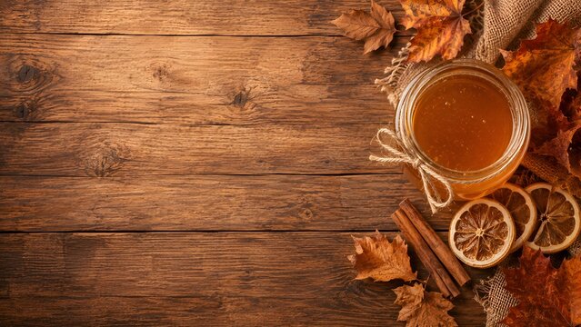 Rustic autumn background with honey jar and cinnamon, fall harvest flat lay on dark wood, seasonal food composition with copy space