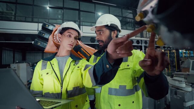 Two engineers stand beside an orange robotic arm. They wear hard hats and high-visibility jackets. One holds a laptop, pointing at the robot