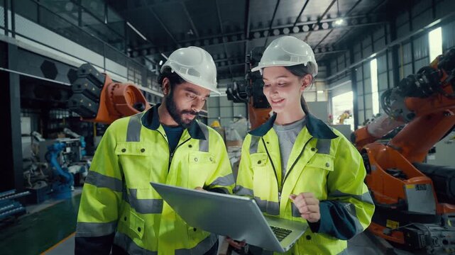 Two engineers stand beside an orange robotic arm. They wear hard hats and high-visibility jackets. One holds a laptop, pointing at the robot