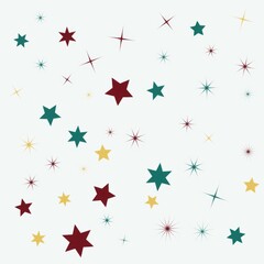 Fototapeta premium Festive pattern of red, teal, and yellow stars and sparkles on a light gray background
