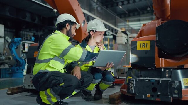 Two engineers inspect robotic equipment in a factory. They wear safety vests, helmets, and gloves. One gestures while the other holds a laptop