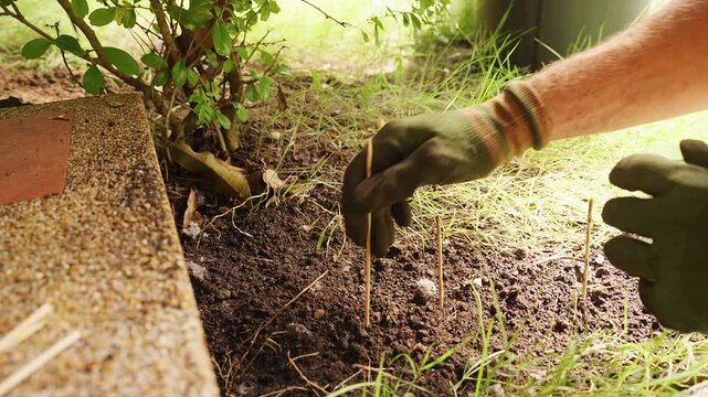 Close View of Gloved Hands Planting a Single Seed in Prepared Garden Soil beside a Shrub, Sowing, New Growth, and Sustainable Gardening
