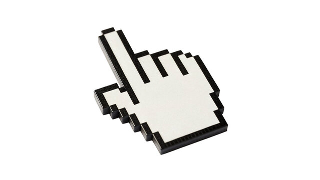 White pixelated digital computer mouse cursor hand isolated on transparent background for website graphic elements