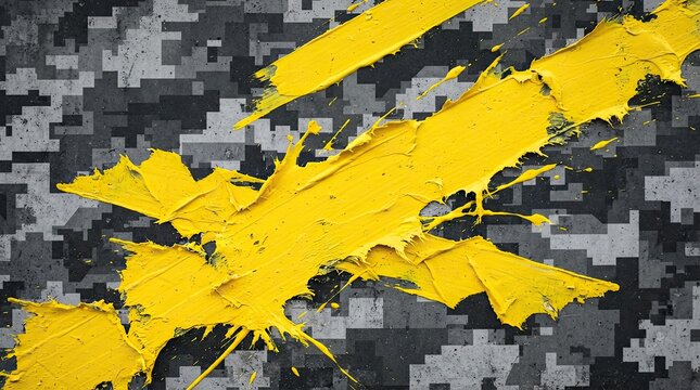 Yellow paint splash on grey digital camo background.