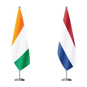 Ivory Coast and Netherlands flags on flagpoles for official ceremonies and meetings, transparent background vector