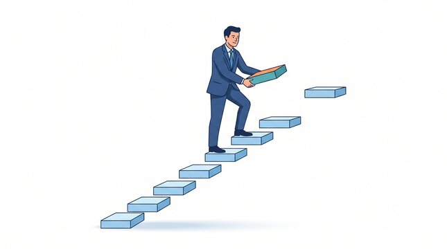 Businessman building his own career path by installing the final step of stairs to achieve success