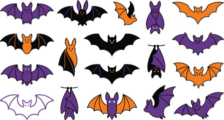 Fototapeta premium Colorful cartoon bats flying in Halloween-themed vector illustration bundle