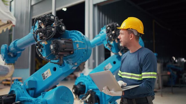 Worker checks robot with laptop, focused and attentive. Second worker observes nearby, calm and thoughtful