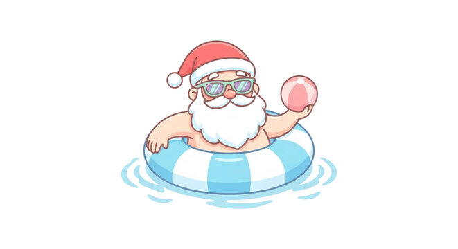 Santa Claus floating on an inflatable ring in the water with a beach ball, celebrating an Australian summer Christmas illustration icon.