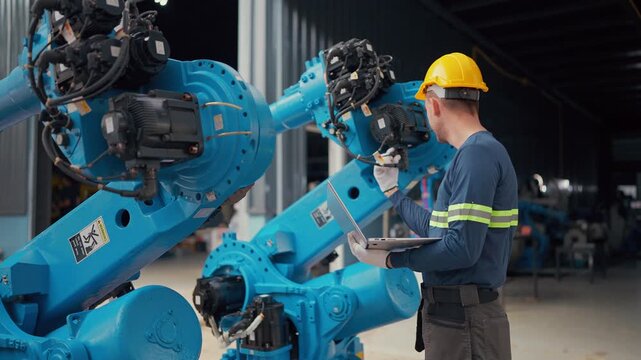 Worker checks robot with laptop, focused and attentive. Second worker observes nearby, calm and thoughtful