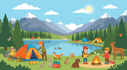 Naklejka premium Happy family kids camping by lake roasting marshmallows on campfire, beautiful mountain nature cartoon illustration