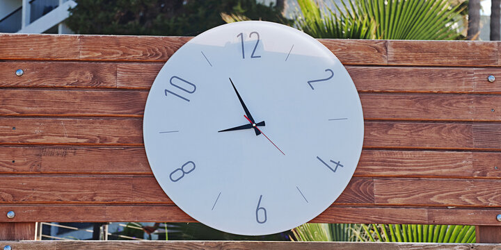 Minimalist white clock face with black hands and red second hand, mounted on a rustic wooden wall by green palm leaves