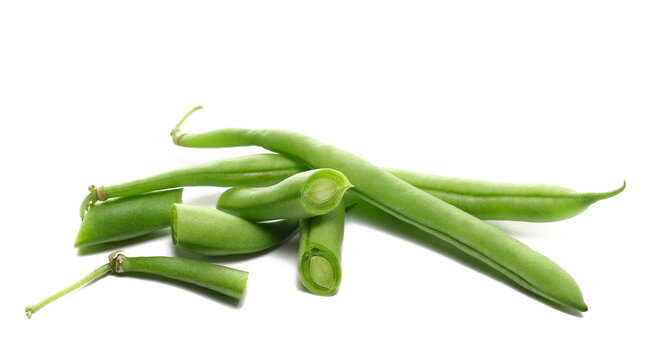Green string beans, half isolated on white background, side view