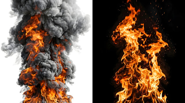 Explosion and Fire Collage: A striking visual juxtaposition of a powerful explosion with dense smoke on a white background and fierce flames against a dark backdrop.