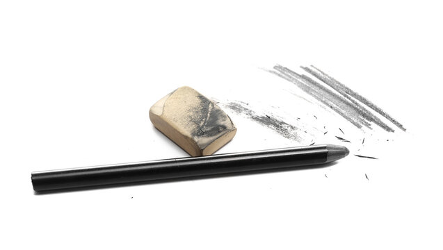 Graphite pencil and eraser with shavings isolated on white background, side view, design element