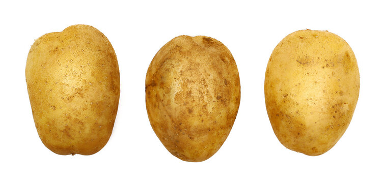 Whole organic potatoes isolated on white bacground, top view