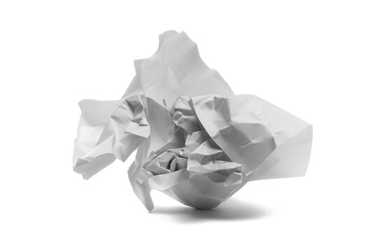 White crumpled paper ball isolated on white background, side view