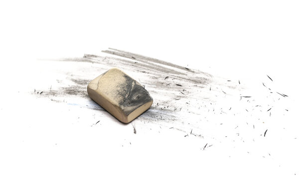 Graphite pencil and eraser with shavings isolated on white background, side view, design element
