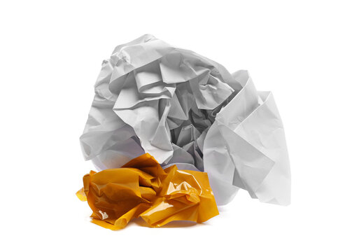 White crumpled paper ball with adhesive tape, isolated on white background, side view