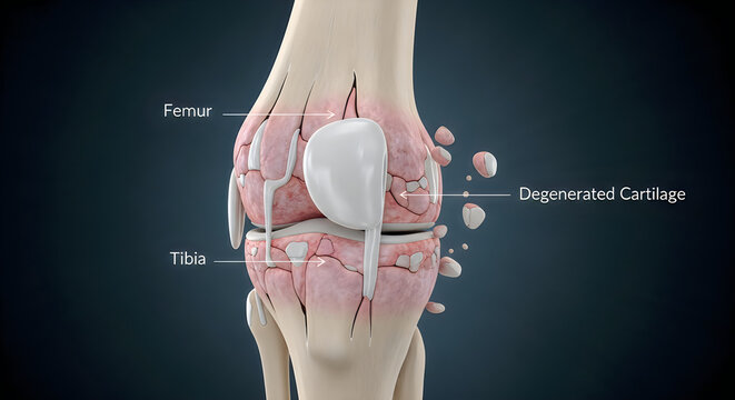 Knee joint with artificial implant and degenerated cartilage