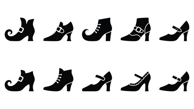 Set of black silhouette boots and shoes for halloween and fantasy character design.