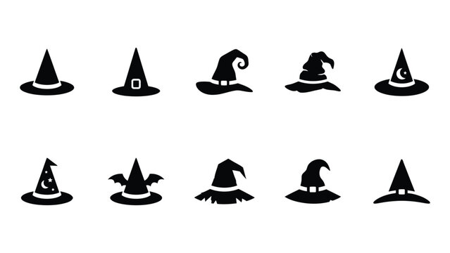 Set of black witch hat silhouettes for halloween and fantasy theme.