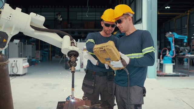 Two welders in hard hats work together in a factory. They examine metal parts while sparks fly from their torch of robotic arm. One holds a tool