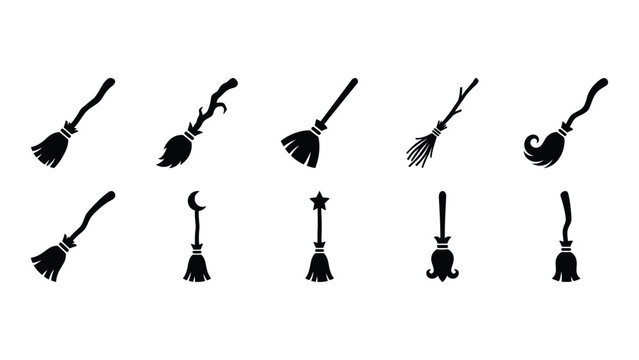 Set of witch broom silhouettes for halloween and fantasy designs.