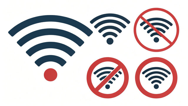 WiFi signal icon set with forbidden symbol, no internet access warning vector illustration
