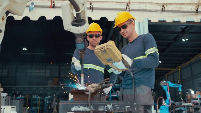 Two welders in hard hats work together in a factory. They examine metal parts while sparks fly from their torch of robotic arm. One holds a tool