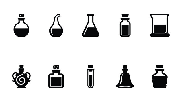 Glass alchemy potion bottle silhouettes for lab and magic themes.