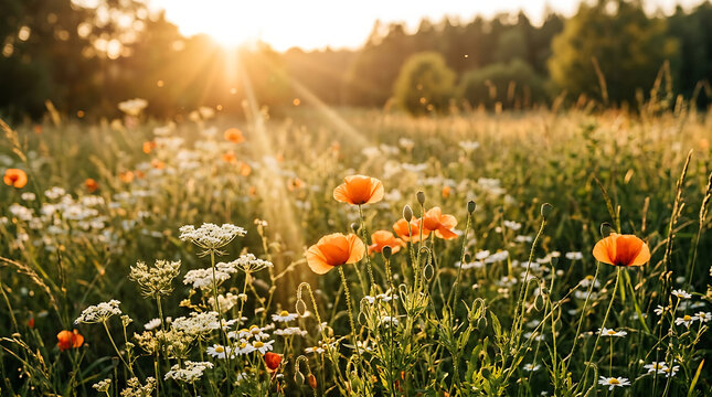 Wildflower meadow at sunset. Sunbeams shining over blooming poppies and daisies in field.