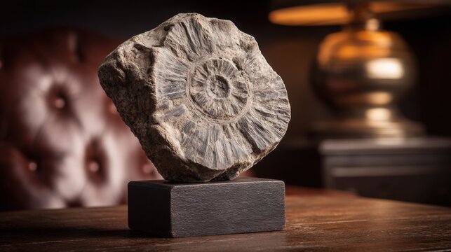 Detailed ammonite fossil showcased on a dark stone display block against a softly lit background