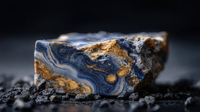 Detailed macro view of a natural Pietersite gemstone with swirling blue and gold fibrous patterns