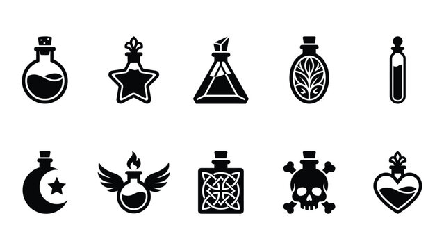 Assortment of fantasy potion bottles and magical containers on white.