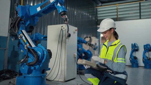 Woman in hardhat checks robotic arm. She kneels beside blue industrial robots. Gloved hands hold tool. Factory floor hosts multiple mechanical arms. Focus on human-robot interaction