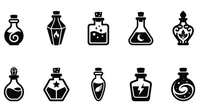 Unique collection of ten magical potion bottles and mystical liquids.