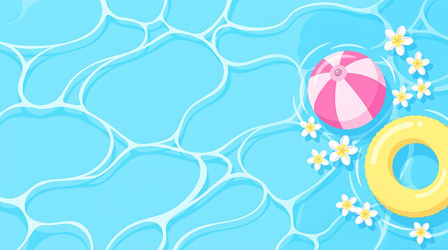 Summer swimming pool background with beach ball. Top view of water surface with float ring.