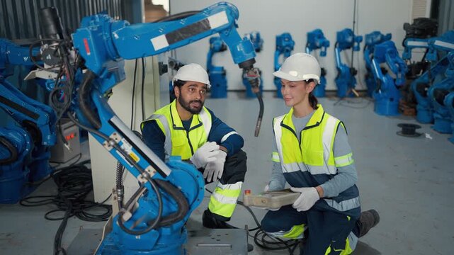 Two engineers inspect robotic arm in factory. They wear hard hats and safety vests. They kneel beside blue industrial machinery, discussing operations.