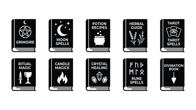 Set of witchcraft grimoire book icons in black silhouette style.
