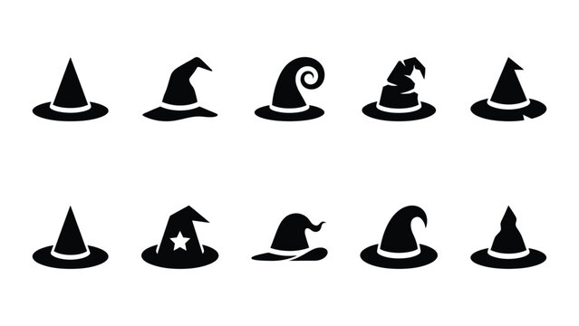 Minimalist witch hat silhouettes in various shapes for graphic design.