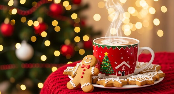 Christmas hot chocolate in a festive mug with gingerbread cookies on a red knitted background with bokeh lights