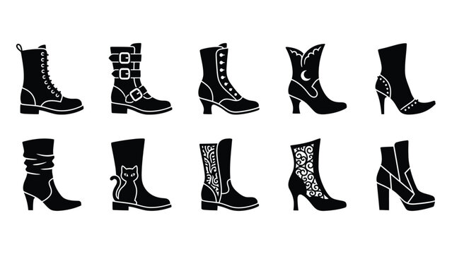 Set of black witch boots vector illustration, halloween costume accessory silhouette, gothic shoe collection.