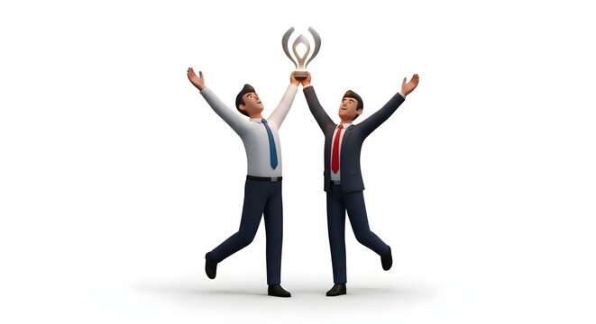 Two Businessmen Celebrating Success with Trophy.