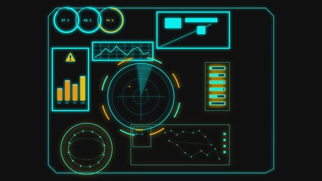 Futuristic hud interface screen displays graphs charts and radar motion graphics.
